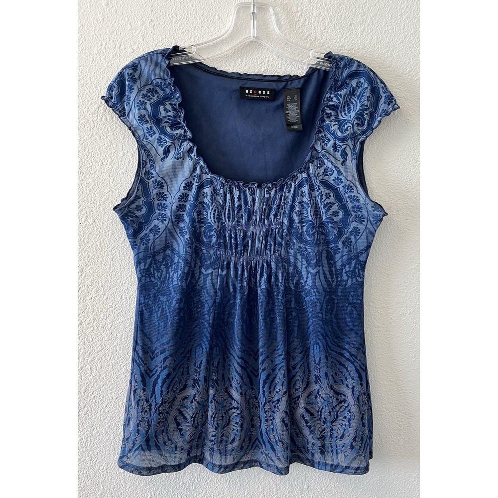 Y2K Women's Top Small Liz Claiborne Axcess Blouse Blue Gathered Boho Babydoll